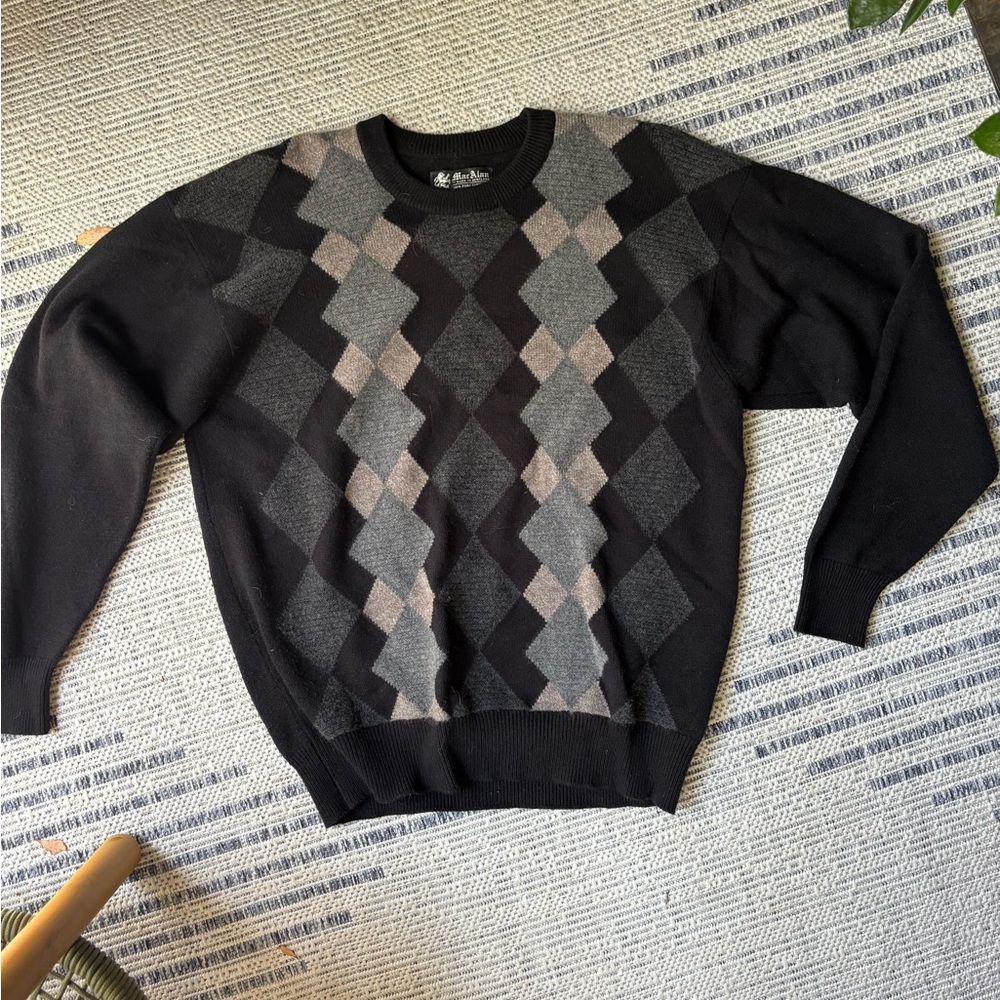 Black and Gray Crewneck Sweater with Argyle Pattern